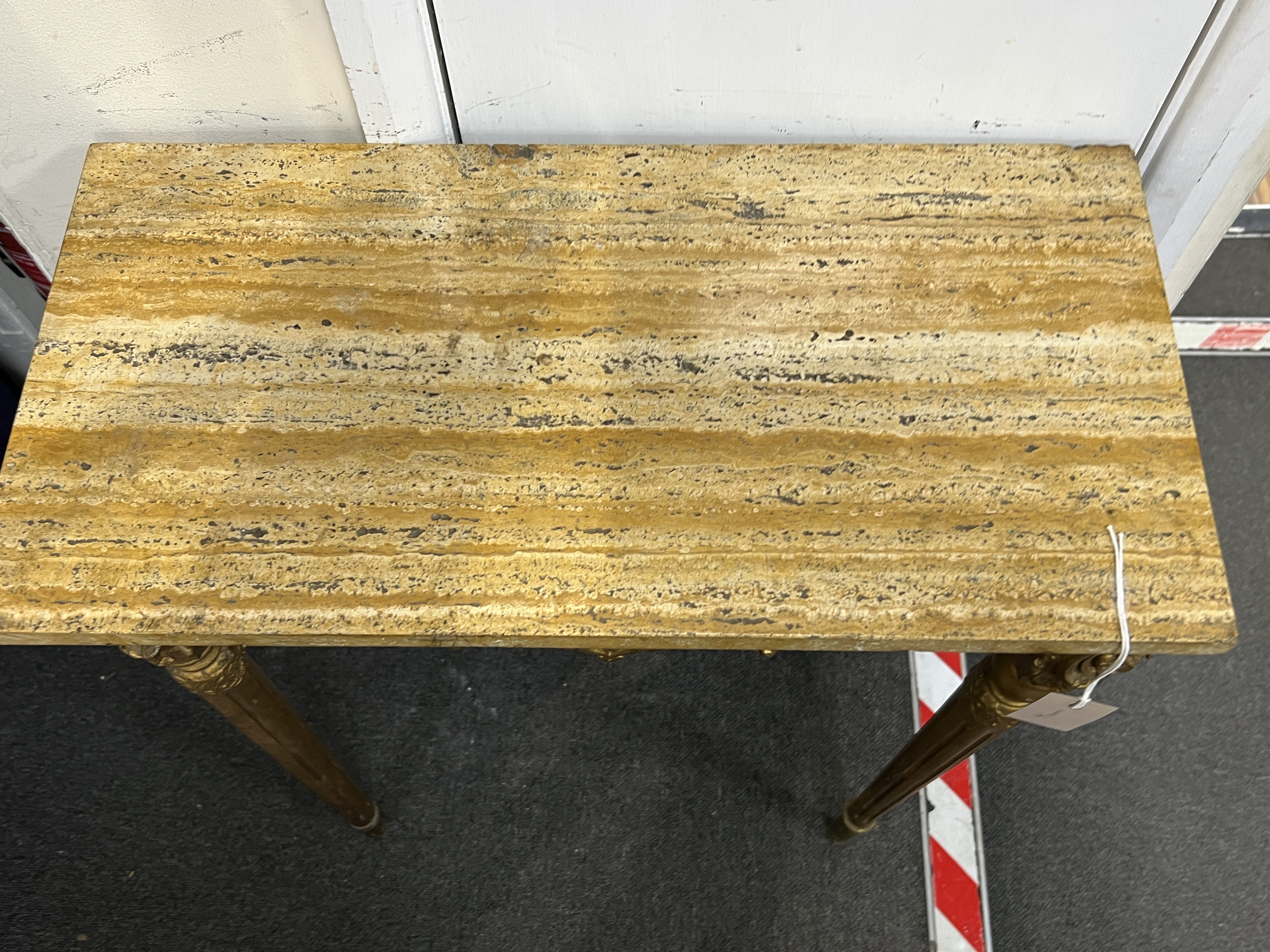 A Louis XVI style giltwood and composition marble topped side table, width 61cm, depth 30cm, height 76cm